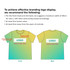 A guideline image for logo placement on a green gradient T-shirt with front and back views, featuring measurements.