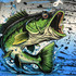 A vibrant, illustrated fish splashing through water, featuring shades of green and blue against a stylised background.