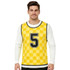 A man wearing a yellow checkered training bib with a black number 5 on the front and a white long-sleeve shirt underneath.