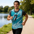 A training bib in aqua and blue tones with a number 7, worn by a man jogging by a lake.