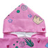 A pink hooded change towel featuring playful designs like hearts, stars, and a crown. It has a logo on it.
