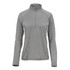 A women's pullover in grey with a quarter zip and long sleeves, featuring a subtle striped texture and a logo.