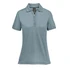 A women's polo shirt in light blue, featuring a classic collar and a small logo on the front.