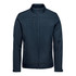 A navy blue softshell jacket featuring a high collar and zipped pockets, with a logo on the chest.