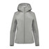 A grey Women's Cascadia Thermal Jacket with a hood and zipper, featuring a logo on the chest.