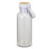 A drink bottle made of clear material with a white cap and a wooden top. It features a loop for easy carrying.