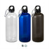 A drink bottle in clear, blue, and dark grey, featuring a black cap and a carabiner clip with branding.