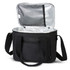 A black canvas cooler bag with a silver insulated interior and a shoulder strap, featuring an outer pocket.