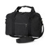A black canvas duffle bag with dual handles, a shoulder strap, and a front zip pocket. It features a logo.