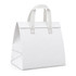 A white cooler bag with sturdy handles and a structured design, featuring a logo on the front.