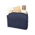 A navy toiletry bag containing various skincare products, including tubes and a bottle, with a textured item inside.