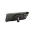 A magnetic phone stand in black, featuring a bottle opener and a logo, mounted on the back of a smartphone.