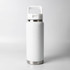 A drink bottle in matte white with a stainless steel base and a handle for easy carrying.