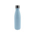 A drink bottle with a light blue body and stainless steel cap, featuring a logo on the side.