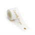 A roll of white organza ribbon with a gold printed message, featuring a small heart design.