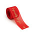 A roll of red organza ribbon featuring gold text and a heart shape.