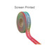 A roll of rainbow satin polyester ribbon in various colours, with a subtle branded logo visible.