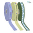 Three rolls of satin polyester ribbon in lavender, green, and blue, featuring various logos and designs.