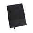 A black A5 leather notebook with a ribbed texture and a small clasp. It features a logo on the cover.