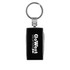 A black multi-tool keyring with a metallic keyring attachment and a logo on the side.