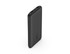 A black power bank with dual USB ports and four battery level indicator lights. It has a logo on the surface.