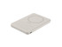 A slim, cream-coloured power bank with a circular area, featuring a logo and indicator lights.