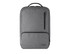 A grey backpack with a clean design featuring a front pocket and a logo. It has a handle on top.