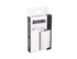 A hip flask in a box, made of stainless steel, featuring a sleek design and a logo. Holds 8oz/236ml.