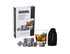 A whisky rocks set featuring nine grey granite stones, a glass with whisky, and a black velvet storage pouch.
