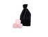A black velvet bag contains six pink rose quartz gin stones, three stones visible in front.
