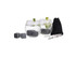A drink set featuring two clear glasses with drinks, grey ice cubes, tongs, and a black storage pouch.