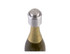 A drink bottle featuring a silver champagne stopper on top, with an ornate label partially visible on the neck.