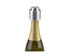 A drink bottle with a metallic silver champagne stopper on a green glass neck, featuring a decorative gold foil seal.