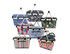 A variety of insulated carry baskets with lids in different patterns and colours, featuring handles and a mix of floral and geometric designs.