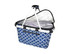 A navy and white patterned insulated carry basket with a lid and silver interior lining. It features a sturdy handle.