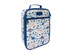 A blue insulated lunch bag featuring a playful dinosaur print and a front zip pocket. It has a handle for easy carrying.