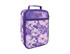 A purple insulated lunch bag with a floral design featuring hibiscus flowers and a front zipper pocket.