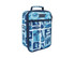 An insulated lunch bag featuring a blue and aqua surf-themed design, complete with patterns of waves, guitars, and palm trees.