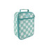 A mint green insulated lunch bag featuring a checkered pattern and a handle, with a front zip pocket and logo.