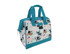 A teal insulated lunch bag featuring a playful dog print in various colours on a light background.