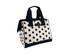 A polka dot insulated lunch bag in cream and black with sturdy handles and a zip closure. Features a logo on the front.