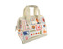 An insulated lunch bag featuring a colourful design with various patterns and handles. It includes a logo on the side.