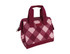 A maroon and pink insulated lunch bag with a diamond pattern and dual handles. It features a zip closure and a branding logo.