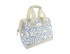 A blue and white insulated lunch bag with patterned design and sturdy fabric handles. Features a zip closure and branding.