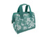 A teal insulated lunch bag with a floral design, featuring a zip closure and two top handles.