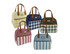 A collection of five insulated lunch bags in various colours, featuring patterns like stripes, checks, and solid shades. Each has a logo.