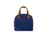 A navy insulated lunch bag with brown faux leather straps and a branded logo on the front.