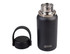 A drink bottle in matte black with a stainless steel lid and a carrying handle, featuring a logo.