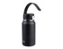 A drink bottle in matte black with a silver cap and a carrying strap. It features a logo on the side.