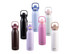 A drink bottle collection featuring various colours: black, brown, pink, white, light blue, and dark blue, with dual spouts and branding.